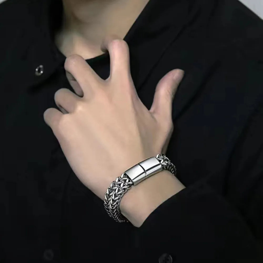 Bracelet tressé en acier inoxydable — double rangée, fermoir magnétique